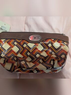 Fossil Geometric Print Patent  Clutch - Cream, Brown, Orange
